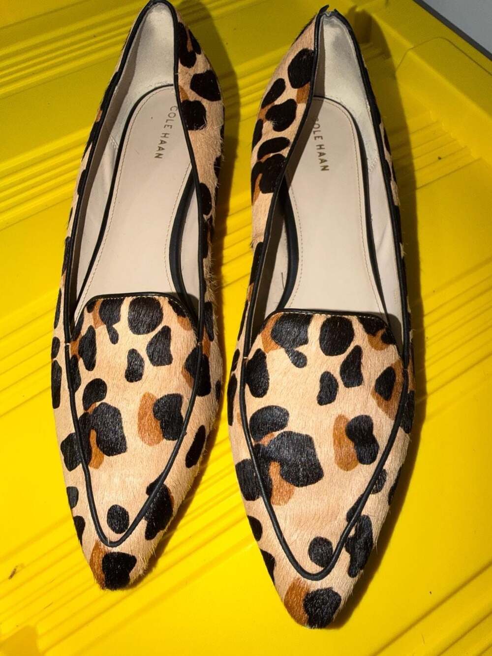 Cole Haan Grand.OS Pointed Toe Leopard Print Hair Calf Skimmer Flats